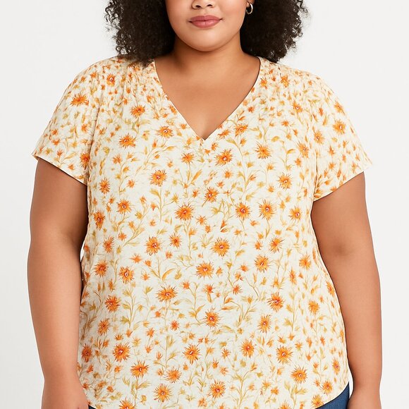 Rose Olive Cream Floral Blouse 1X Flutter Sleeve V Neck Top - Picture 2 of 4